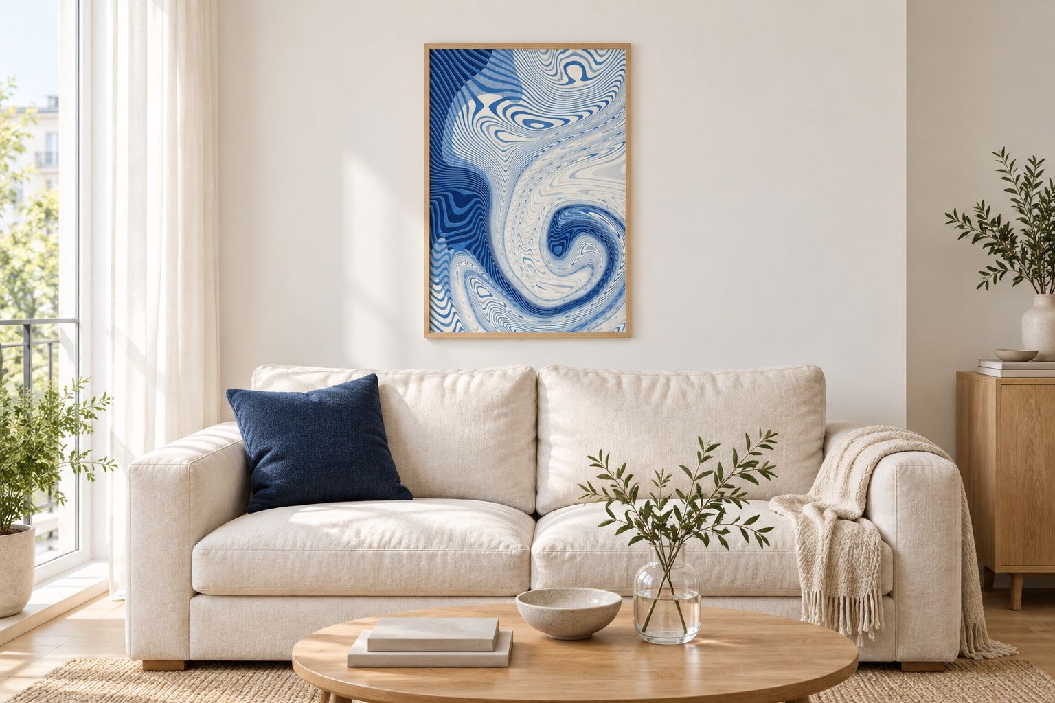 Blue Tourbillon poster above a cream sofa in a Scandinavian living room
