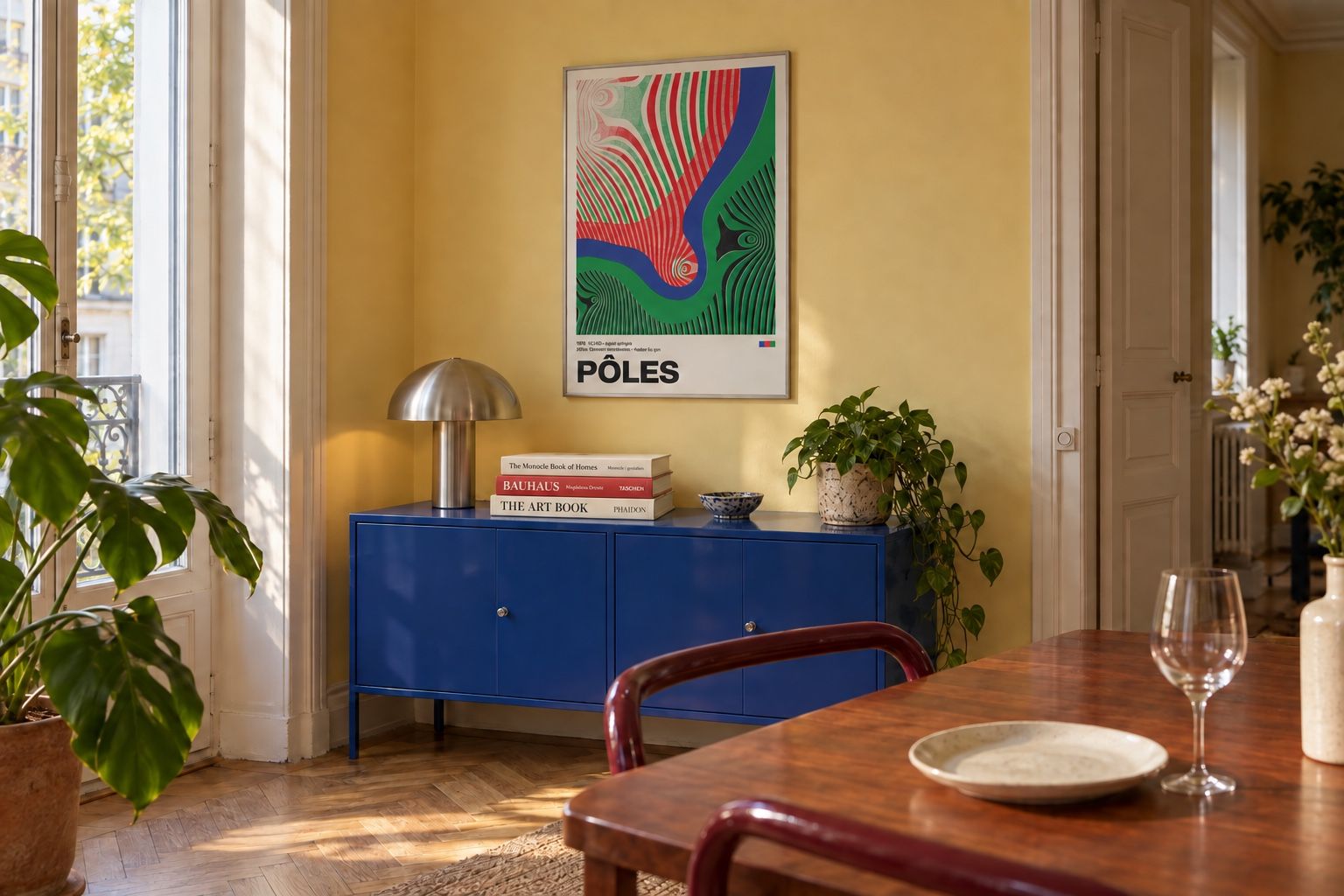 Red, green and blue Pôles poster above a cobalt cabinet in a yellow dining room